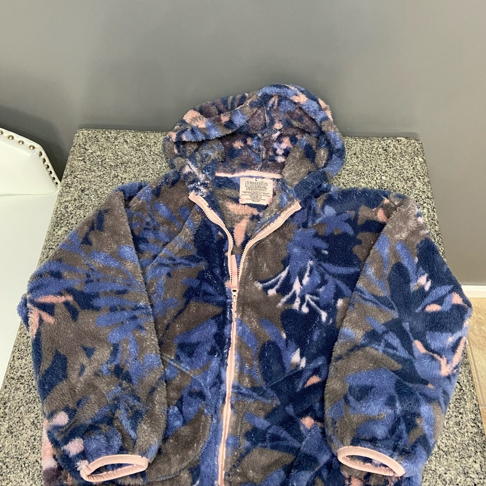 GOODIE TWO SLEEVES Fleece Blue Gray Pink Trim Zip Up Loungewear Jacket Hoodie Lg